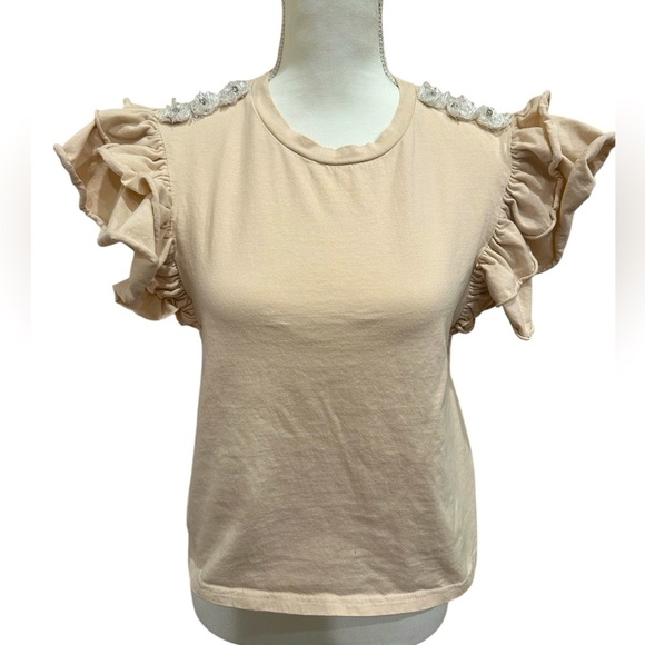 Ontwelfth Frilled Ruffled Short Sleeve Flowery Neckline Top Size Medium Feminine - Picture 1 of 6